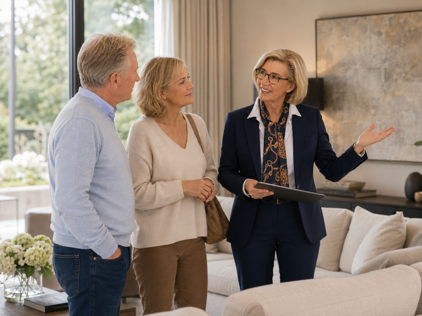Makelaar in gesprek met een oudere stel in een lichte woonkamer