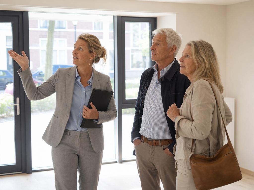 Senioren bezichtigen een gelijkvloers appartement met makelaar