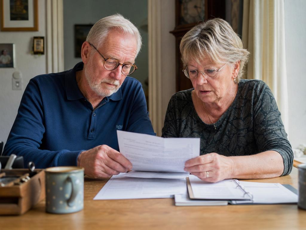 Ouder echtpaar bekijkt erfrechtdocumenten aan tafel